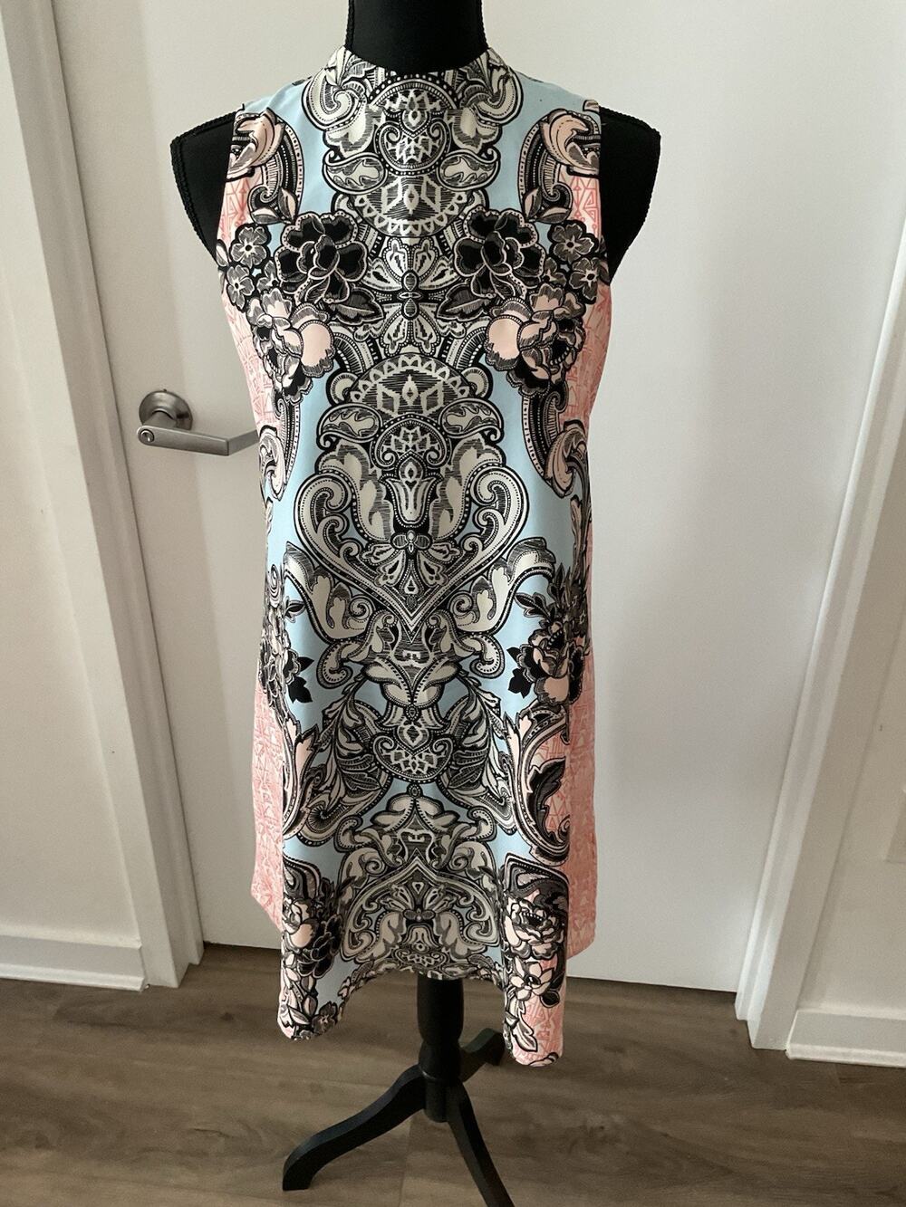 Pink Owl Apparel Shift Dress L Knee Blue Pink Black Floral High Neck Zip Lined